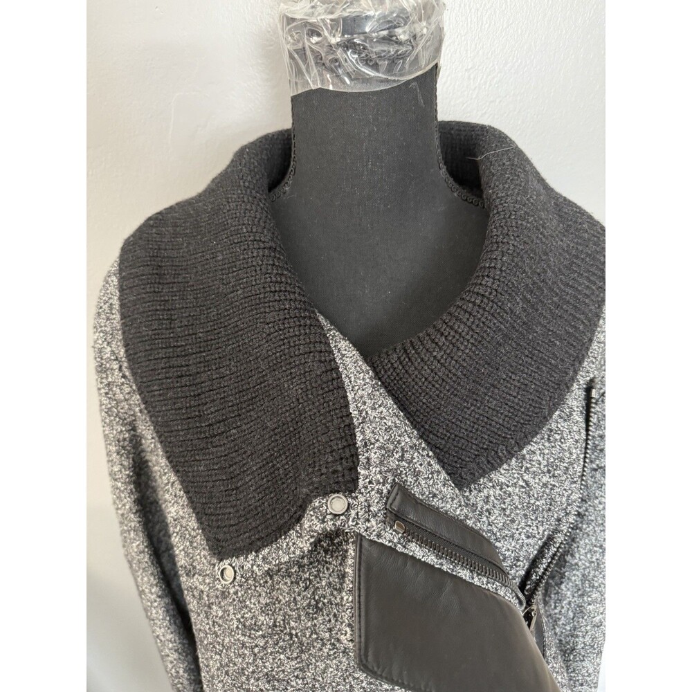Vince Shawl Wool Blend Tweed Lamb Leather Trim Coat Womens Sz Large Jacket EUC - Picture 3 of 15